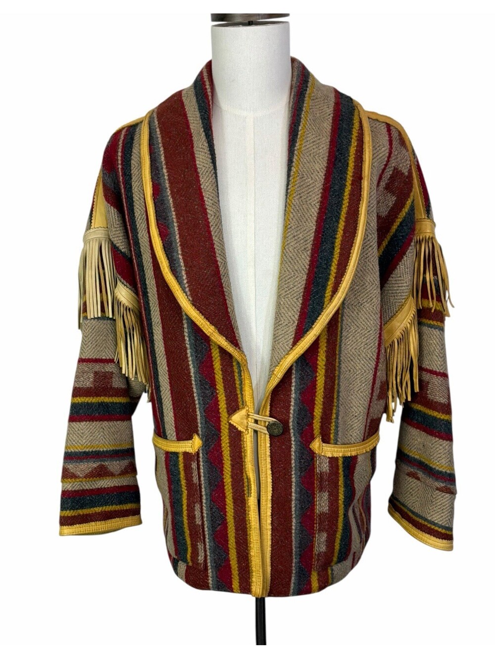 PIONEER WEAR VINTAGE WOOL  W/ LEATHER FRINGE NAVAJO JACKET